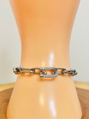 Designer Inspired Link Hardware Bracelet CZ Pave Accents in Stainless Steel NWOT